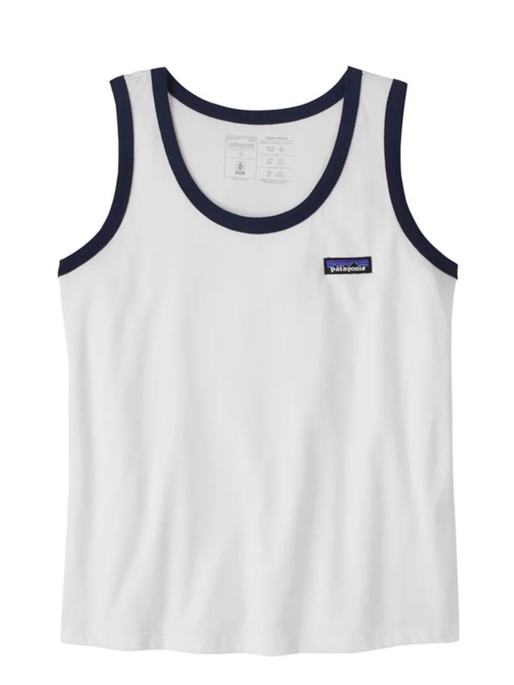 Women’s Patagonia P6 label, organic, white and navy blue tank size medium